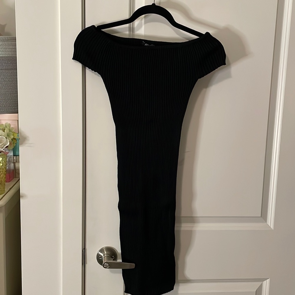 Black Ribbed Off Shoulder Dress
